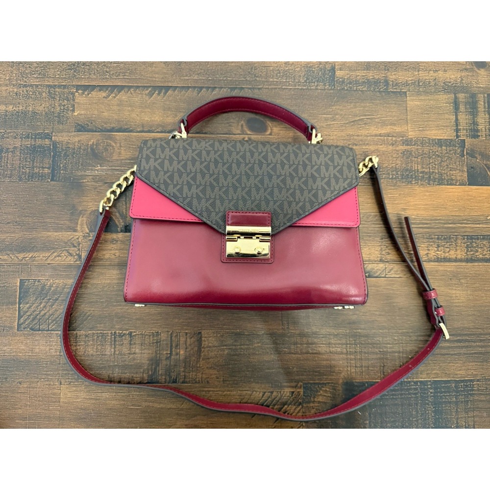 Michael Kors Purse Handbag Shoulder Bag Maroon Red MK Pattern W Gold Accents EUC